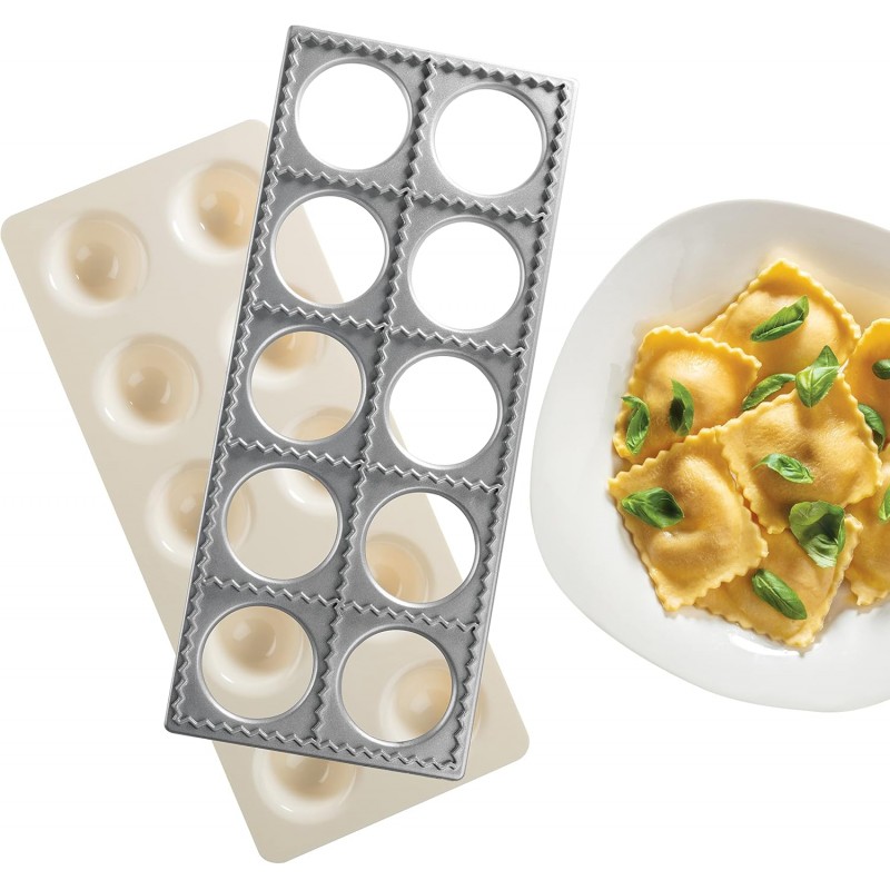 Ravioli Mold with Extra Large 2.5 Inch Squares- Authentic Ravioli Tray & Press, Makes 10 Italian Raviolis at Once, Easy to Use Pasta Cutter Maker Kit, Sturdy Construction Set- Cooking Tool Accessory