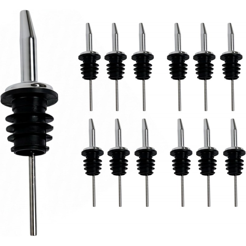 285-50 Chrome Tapered Pourer Dispenser, Spouts Liquor Bottle Pourer with Poly-Cork, Black/Silver, 12 Units