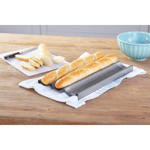 Chicago Metallic Commercial II Non-Stick Perforated Baguette Pan. Creates a crisp, golden-brown crust, 16 L x 9 W x 1.5 H