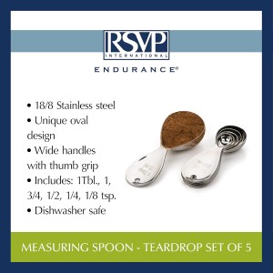 RSVP International Endurance Kitchen Collection Measuring Tools, Dishwasher Safe, Teardrop, 5 Piece, Stainless Steel
