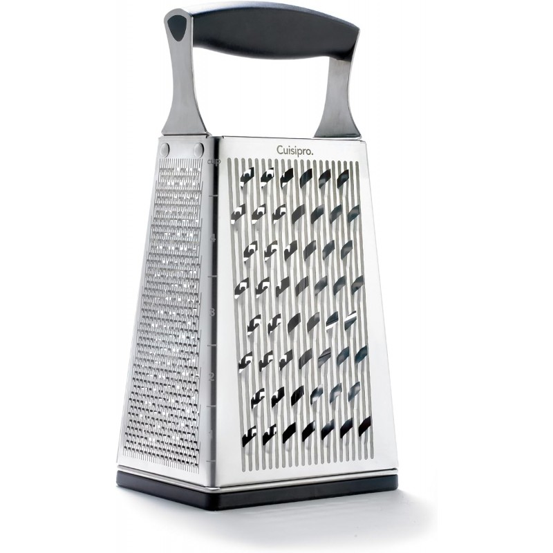 Cuisipro Stainless Steel Cheese Grater with Handle, 4 Sided Box Grater for Kitchen, Ginger Grater Dishwasher Safe, Fruit and Vegetables Slicer, Cheese Shredder for Potato, Chocolate, Parmesan, Ginger