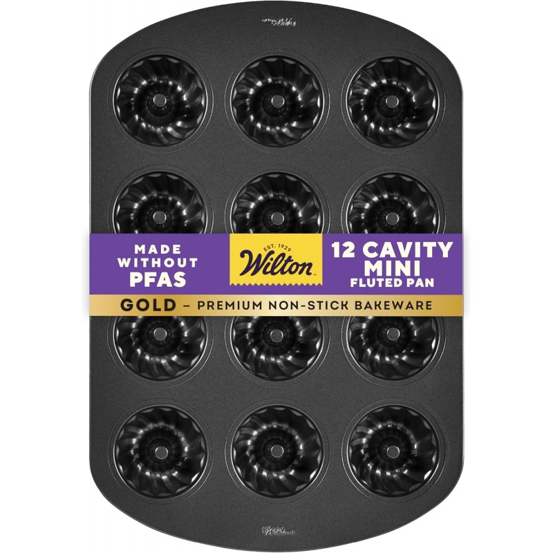 Wilton Gold Non-Stick 12-Cavity Mini Fluted Cake Pan, Cold-Rolled Steel Bakeware, Made Without PFAS, Packaging May Vary