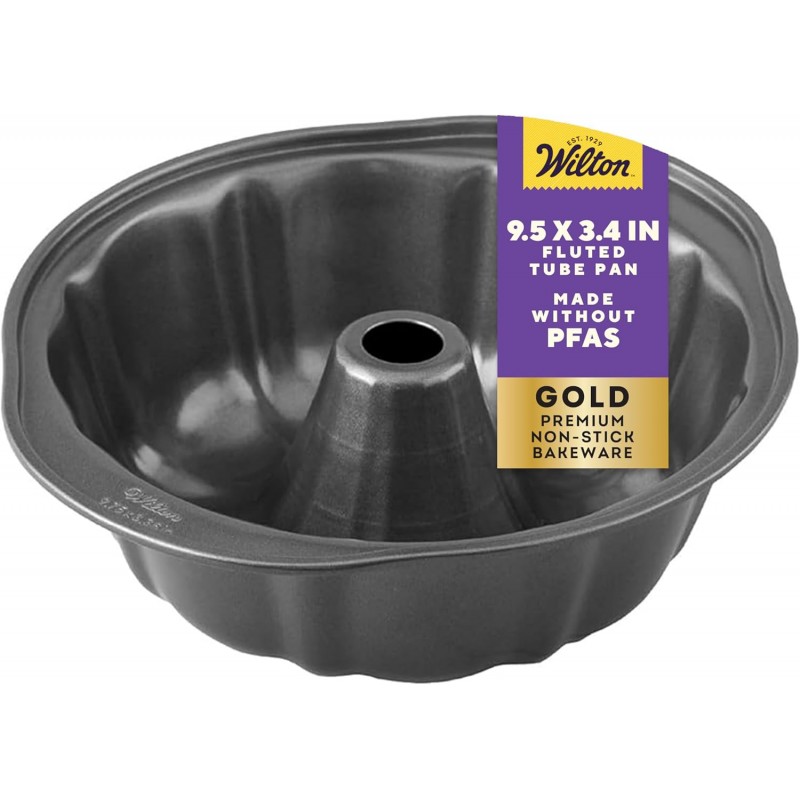 Wilton Gold Non-Stick 9.49 in Fluted Tube Cake Pan, Cold-Rolled Steel Bakeware, Made without PFAS, Packaging May Vary