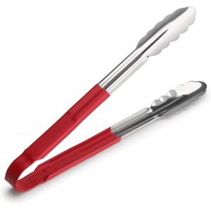 New Star Foodservice 35773 12-Inch Utility Spring Tongs, Stainless Steel, Vinyl Coated, Set of 12, Red