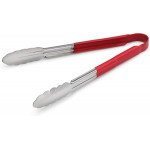 New Star Foodservice 35773 12-Inch Utility Spring Tongs, Stainless Steel, Vinyl Coated, Set of 12, Red