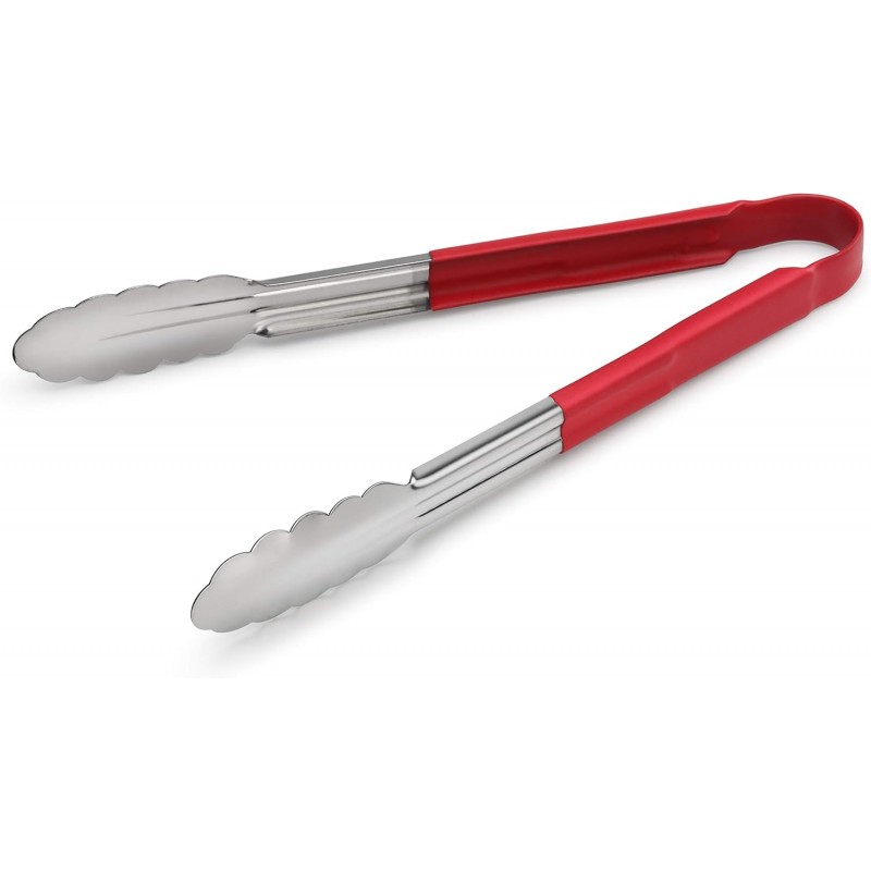 New Star Foodservice 35773 12-Inch Utility Spring Tongs, Stainless Steel, Vinyl Coated, Set of 12, Red
