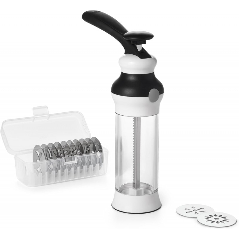 OXO Good Grips 14-Piece Cookie Press Set, Cookie Press with 12 Stainless Steel Disks and Storage Case, Holiday Baking and Everyday Treats, Essential Baking Supplies