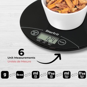 Starfrit Digital Kitchen Scale - Glass Platform - Measures Weight and Liquid Volume - 11 lb / 5 kg Capacity - Black