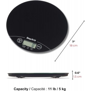 Starfrit Digital Kitchen Scale - Glass Platform - Measures Weight and Liquid Volume - 11 lb / 5 kg Capacity - Black