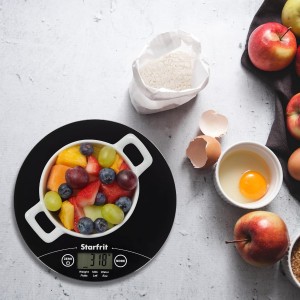 Starfrit Digital Kitchen Scale - Glass Platform - Measures Weight and Liquid Volume - 11 lb / 5 kg Capacity - Black