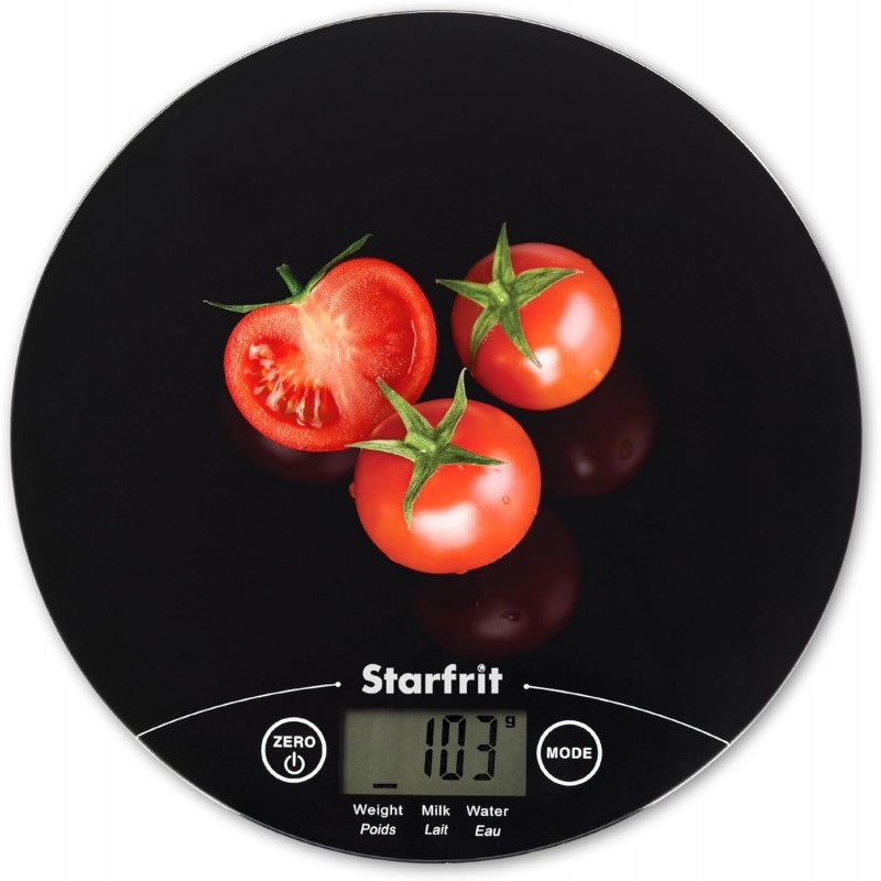 Starfrit Digital Kitchen Scale - Glass Platform - Measures Weight and Liquid Volume - 11 lb / 5 kg Capacity - Black