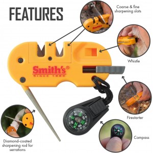 Smith’s 50364 Pocket Pal X2 Sharpener & Outdoors Tool – Yellow – Coarse and Fine – LED Light – Fire Starter – Signal Whistle - Compass