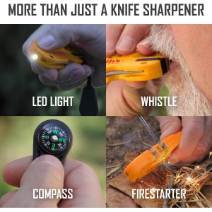Smith’s 50364 Pocket Pal X2 Sharpener & Outdoors Tool – Yellow – Coarse and Fine – LED Light – Fire Starter – Signal Whistle - Compass