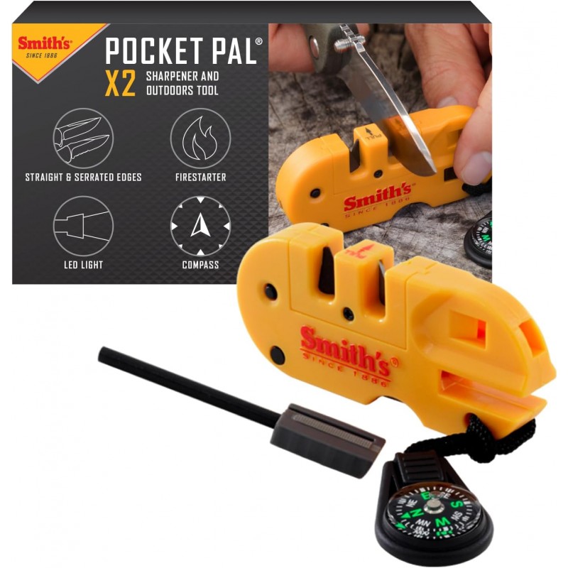 Smith’s 50364 Pocket Pal X2 Sharpener & Outdoors Tool – Yellow – Coarse and Fine – LED Light – Fire Starter – Signal Whistle - Compass