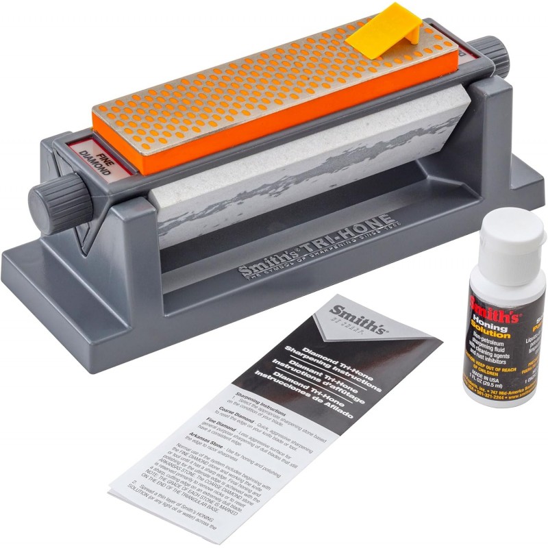 Smith's 50448 6” Diamond Tri-Hone Stone Sharpening System - Grey - Fine, Natural, & Coarse Stones - 3-Way Honing - Nonslip Rubber Feet - Restore Tools, Hunting, Kitchen, Fishing & Pocket Knives