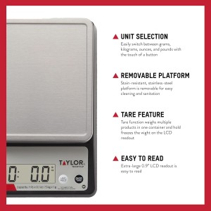 Taylor TE10FT 11-Pound Commercial Digital Portion Control Scale, 11 lb (5 kg) in 0.1 oz (1 g) Food and Cooking Scale, Tare and Hold Function, NSF, Stainless Steel Platform