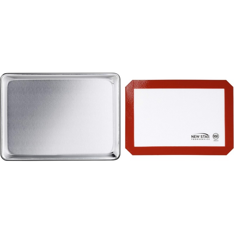 New Star Foodservice Commercial 18-Gauge Aluminum Sheet Pan & Silicone Baking Mat Set, 9 x 13 inch (Quarter Size)