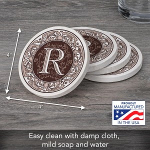 Thirstystone Monogram Letter R Absorbent Sandstone Coaster 4-Pack Made in The USA Decorative, Absorbent, Easily Wipes Clean
