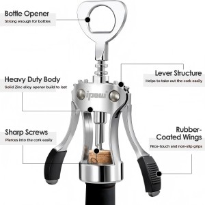 IPOW Wine Opener, Zinc Alloy Wine Bottle Opener, Wing Corkscrew Heavy Duty, Manual Multifunctional Cork Screw for Waiter, Silver