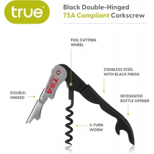 True Jetsetter TSA Compliant Double Hinged Waiters Corkscrew Wine Opener, Durable Stainless Steel with Built-in Bottle Opener and Foil Cutter for Travel, Outdoor Adventures, Home Bar, Set of 1, Black