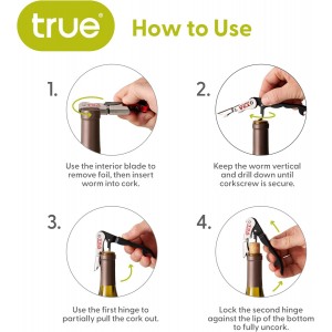 True Jetsetter TSA Compliant Double Hinged Waiters Corkscrew Wine Opener, Durable Stainless Steel with Built-in Bottle Opener and Foil Cutter for Travel, Outdoor Adventures, Home Bar, Set of 1, Black