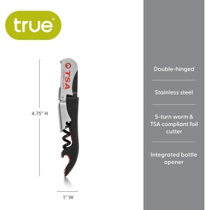 True Jetsetter TSA Compliant Double Hinged Waiters Corkscrew Wine Opener, Durable Stainless Steel with Built-in Bottle Opener and Foil Cutter for Travel, Outdoor Adventures, Home Bar, Set of 1, Black