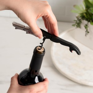 True Jetsetter TSA Compliant Double Hinged Waiters Corkscrew Wine Opener, Durable Stainless Steel with Built-in Bottle Opener and Foil Cutter for Travel, Outdoor Adventures, Home Bar, Set of 1, Black