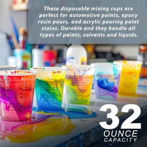 Custom Shop Paint Mixing Cups, 32-Ounce (Box of 100) - Plastic Measuring Cups for Liquids, Automotive Painting, Epoxy Resin, Acrylic Arts, Crafts, Disposable or Reusable, Graduated, Mixing Ratios