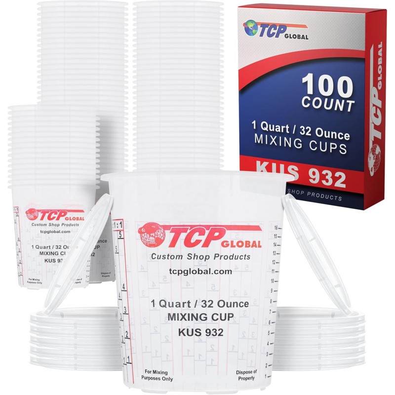 Custom Shop Paint Mixing Cups, 32-Ounce (Box of 100) - Plastic Measuring Cups for Liquids, Automotive Painting, Epoxy Resin, Acrylic Arts, Crafts, Disposable or Reusable, Graduated, Mixing Ratios