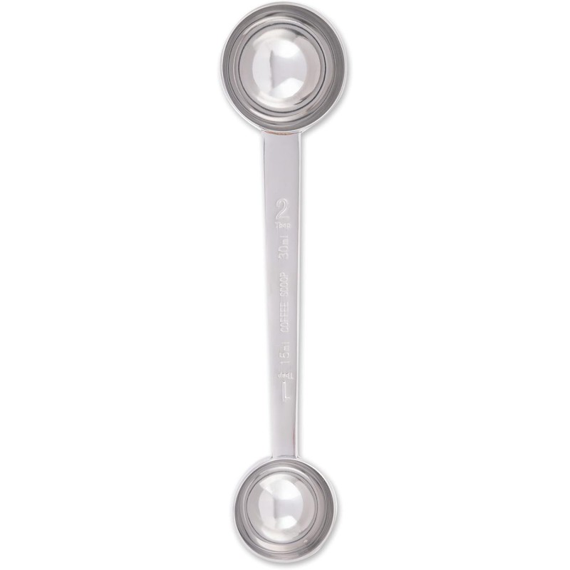 RSVP International Coffee Measuring Spoon, Long Handled Stainless Steel Scoop Multi-purpose for Baking, Ground Coffee, Beans or Loose Leaf Tea, Double, 1-Tbsp/2-Tbsp