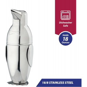 HIC Kitchen Bar Penguin Cocktail Shaker, 18/8 Stainless Steel, Mirror Finish, 3-Piece Set, Holds 18-Ounces