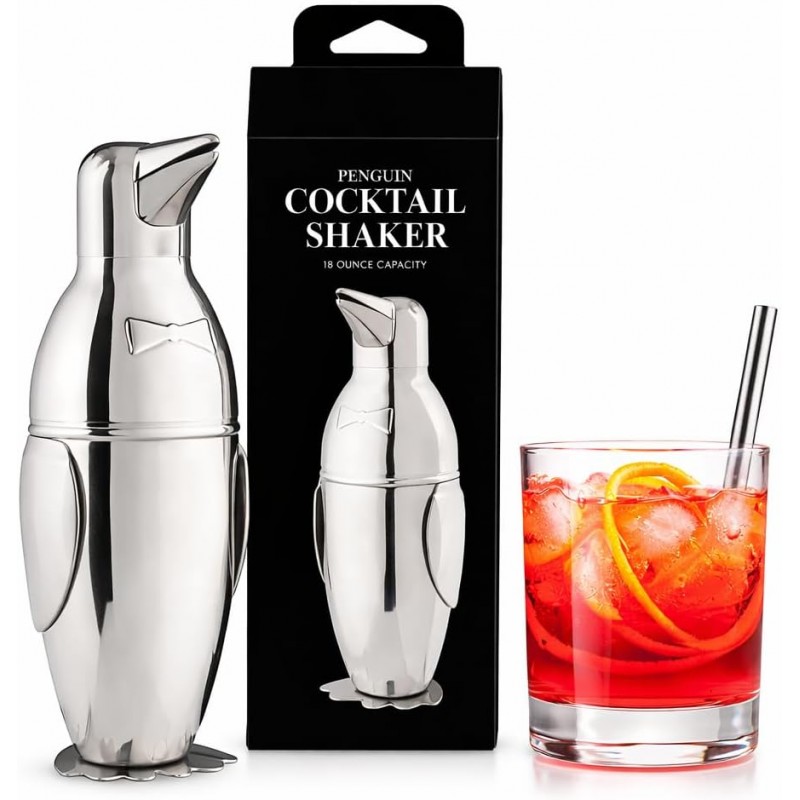 HIC Kitchen Bar Penguin Cocktail Shaker, 18/8 Stainless Steel, Mirror Finish, 3-Piece Set, Holds 18-Ounces