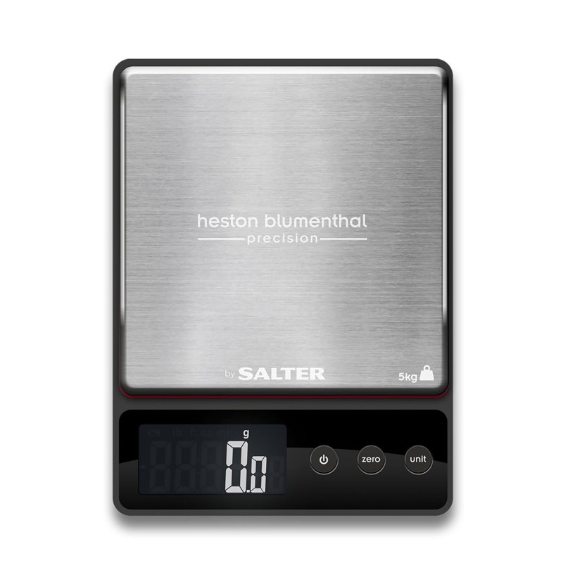 Salter Heston Blumenthal Precision 1140A HBBKDR Digital Kitchen Scales - Premium Compact Baking/Cooking Scale, for Weighing Food/Coffee and Liquid, 0.5 g Increments, Slim, Stainless Steel/Black