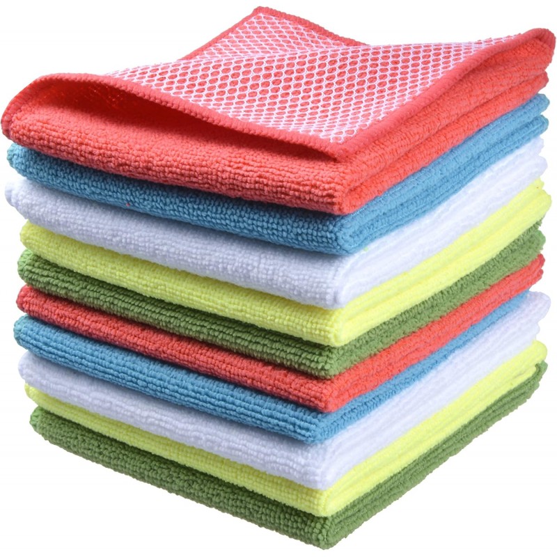 SINLAND Microfiber Dish Cloths for Washing Dishes Towels Best Kitchen Washcloth Cleaning Rags Cloths with Poly Scour Side - Used for Plates, Bowls and Dishes, 5 Color Assorted 12inchx12inch 10pack