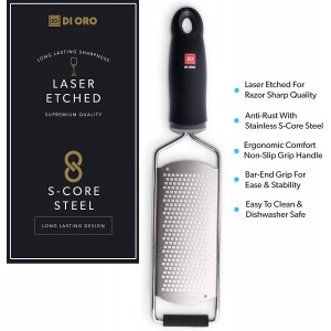 DI ORO Zester Grater - Stainless Steel Lemon Zester with Handle - Parmesan Cheese Grater Razor Sharp - Kitchen Citrus Zester Tool for Grating & Shredding Garlic, Ginger, & Lemons - Dishwasher Safe
