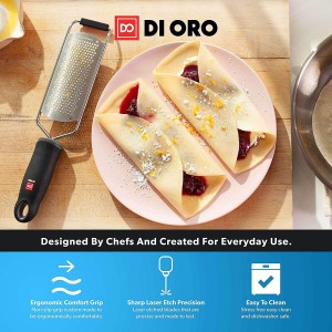 DI ORO Zester Grater - Stainless Steel Lemon Zester with Handle - Parmesan Cheese Grater Razor Sharp - Kitchen Citrus Zester Tool for Grating & Shredding Garlic, Ginger, & Lemons - Dishwasher Safe