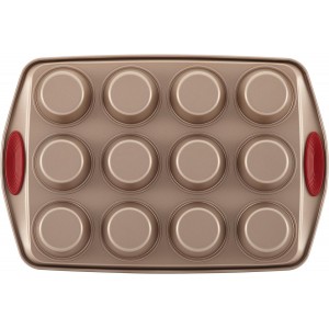 Rachael Ray Cucina Nonstick Bakeware Set Baking Cookie Sheets Cake Muffin Bread Pan, 10 Piece, Latte Brown with Cranberry Red Grips