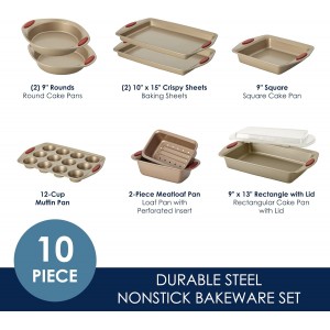 Rachael Ray Cucina Nonstick Bakeware Set Baking Cookie Sheets Cake Muffin Bread Pan, 10 Piece, Latte Brown with Cranberry Red Grips