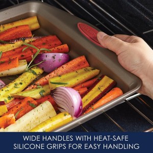 Rachael Ray Cucina Nonstick Bakeware Set Baking Cookie Sheets Cake Muffin Bread Pan, 10 Piece, Latte Brown with Cranberry Red Grips