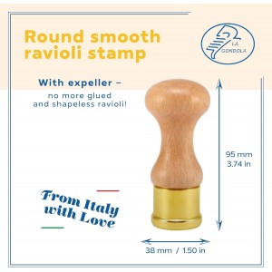 La Gondola Homemade Ravioli Stamp - Round Smooth 1.5in | Italian Pasta Making Tool for Home and Business | Brass & Natural Wood | Sturdy & Easy to Use Ravioli Stamp | Ravioli Cutter Made in Italy