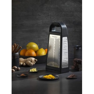 Microplane Elite Five Blade Box Grater with Measuring Cup Base, Five Grating Surfaces Including Fine, Coarse, Double-Sided Ribbon, Ultra-Coarse, and Slicer - Black