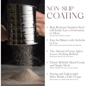 Bellemain 3 Cup Flour Sifter for Baking Fine Mesh Rotary Hand Crank with Loop Agitator for Quick Sifting, Flour Sifter Stainlees Steel