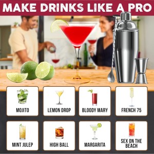 Cresimo 24oz Cocktail Shaker Set with Bar Accessories for Home Bar - Martini Shaker with Jigger and Drink Mixer Spoon - Alcohol Bartender Gift - Bartending Kit Essential for Home