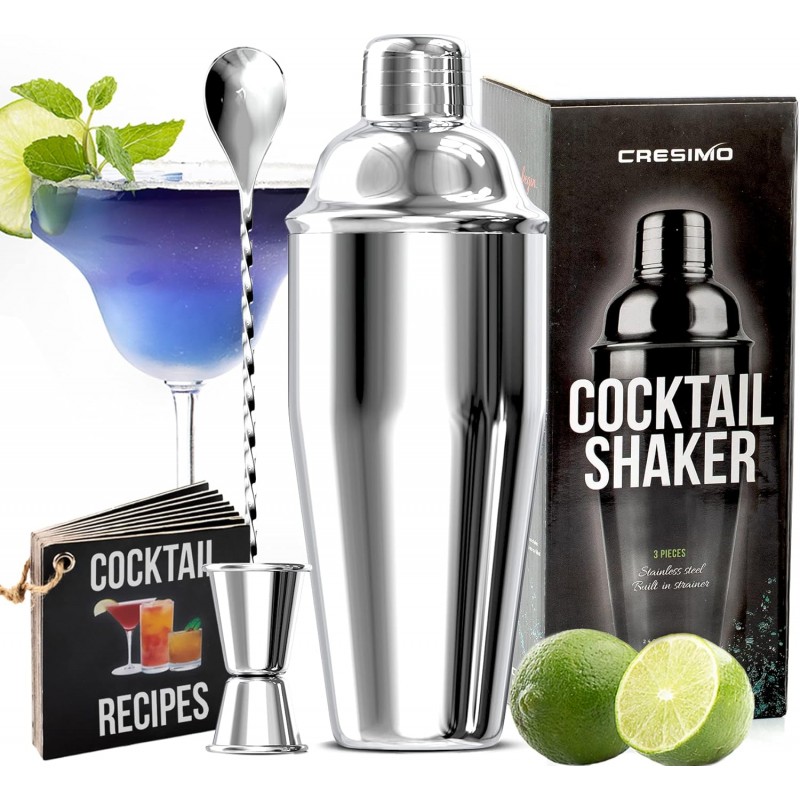 Cresimo 24oz Cocktail Shaker Set with Bar Accessories for Home Bar - Martini Shaker with Jigger and Drink Mixer Spoon - Alcohol Bartender Gift - Bartending Kit Essential for Home