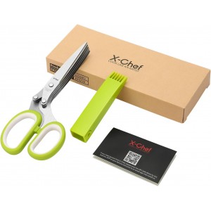 Herb Scissors, X-Chef Multipurpose 5 Blade Kitchen Herb Shears Herb Cutter with Safety Cover and Cleaning Comb for Chopping Basil Chive Parsley (Green)