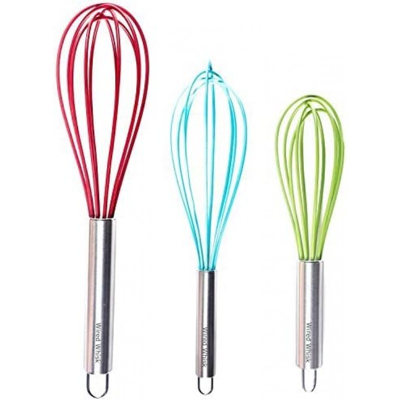 Silicone Whisk Set of 3 - wire whisk for Cooking Non-Scratch - whisks for cooking - Hand Whisk - whisker tool - wisking tool stainless