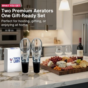 TenTen Labs Premium Wine Aerator Pourer Spout (2-Pack) – Rich Bubbles for Improved Flavor & Aroma – Wine Accessories for Wine Lovers with No-Drip Design – Perfect Gifts for Women and Men – Black