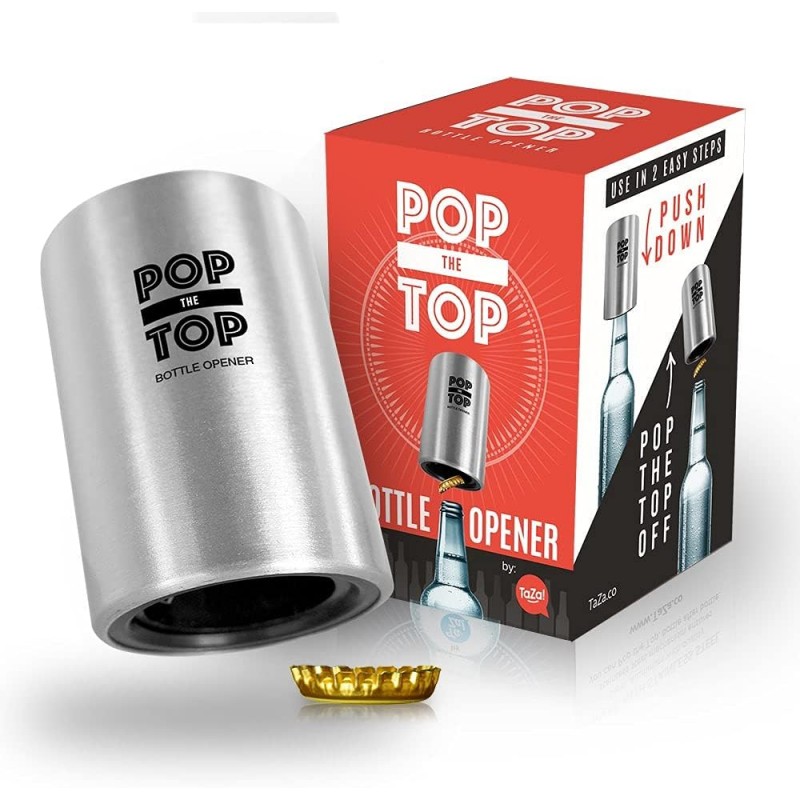 Pop-the-Top Beer Bottle Opener (Stainless): Automatic Bottle Cap Opener, Push Down Pop Off Bar Tool, Soda and Beer Cap Remover, Cool & Fun Gadget