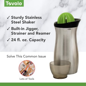Tovolo Stainless Steel Cocktail Shaker with Strainer Reamer & Jigger 24 oz Drink Shaker, Dishwasher Safe BPA Free Cocktail Shaker with Measurements in Lid for Professional Martini Daiquiri Mojito