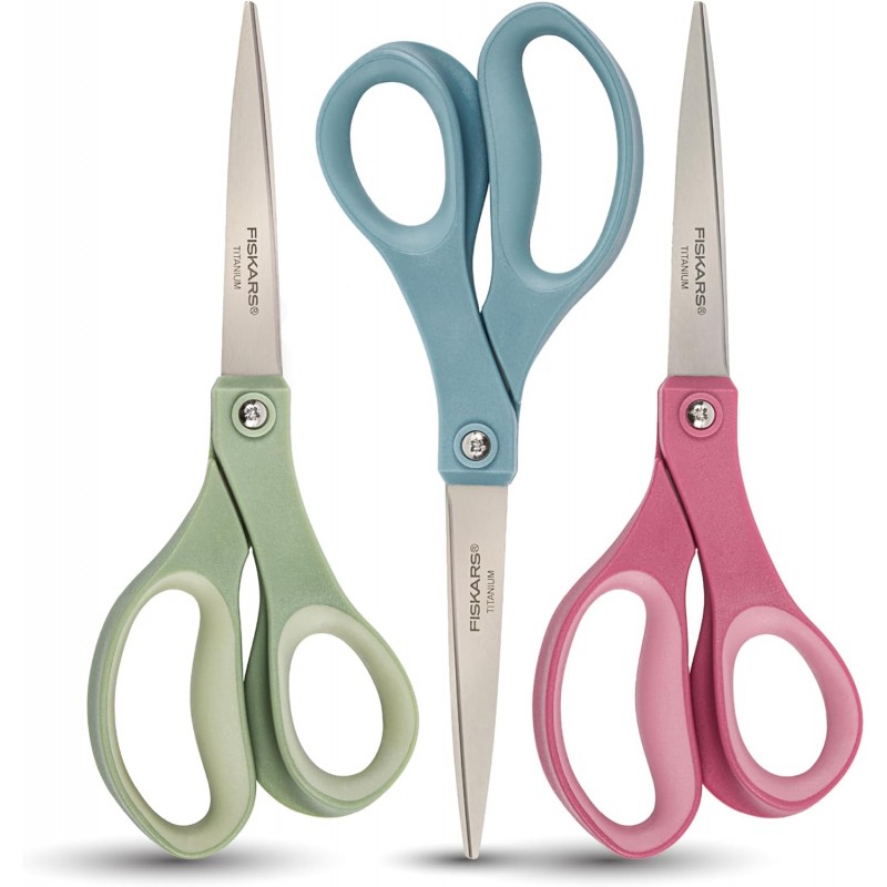 Fiskars 8” Comfort Grip Titanium Multipurpose Scissors with Ergonomic Handles for Everyday Cutting Tasks, Sharp Scissors for Home, Office, Crafts, Multicolor 3-Pack